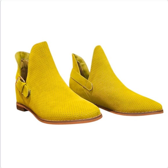 Khaki Perforated Faux Suede Ankle Boots With Side Buckle & Low Heel Womens - Picture 5 of 6